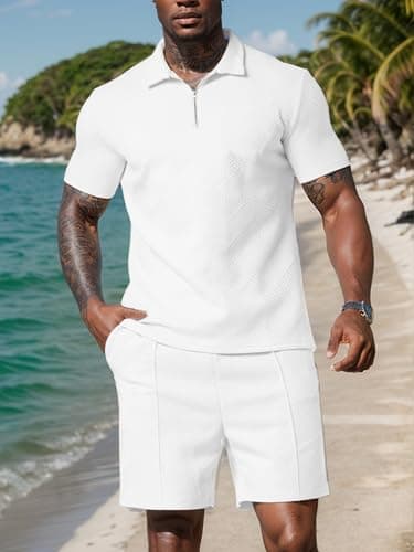 UOUA Mens Track Suits 2 Piece Sets Short Sleeve Sweatsuit Outfits Casual Quarter Zip Golf Polo Shirts & Summer Jogger Shorts Outdoor Sets White XL - Image 2