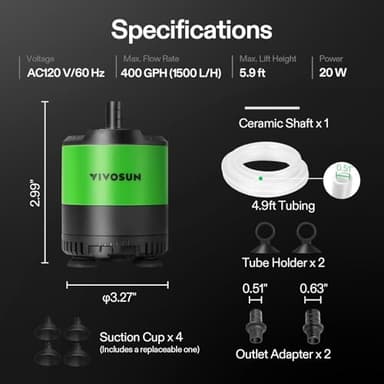 VIVOSUN 400 GPH 20W Submersible Water Pump, with Adjustable Water Flow, 4.9 ft Tubing, Additional Ceramic Shaft, and Outlet Adapters, for Fish Tanks, Aquariums, Hydroponics, Fountains - Image 7