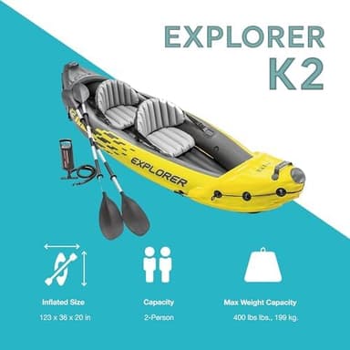 Intex 68307EP Explorer K2 Inflatable Kayak Set: Includes Deluxe 86in Aluminum Oars and High-Output Pump – SuperStrong PVC – Adjustable Seats with Backrest – 2-Person – 400lb Weight Capacity - Image 3