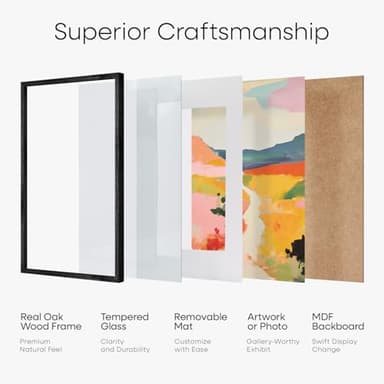 Homeforia 11x17 Picture Frame Black Wood, High End Oak 11x17 Poster Frames with Mat 8x12, 11 x 17 Wooden Frame Matted to 8 x 12 inch Photo, 17x11 Thin Hanging Frame, Tempered Glass, Wall Kit, Set of 1 - Image 9