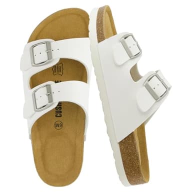 CUSHIONAIRE Lane Cork Footbed Sandals for Women – Comfortable Double Buckle Slip-On with Genuine Suede Footbed & Arch Support Slides for Women Footwear, WHITE 8 - Image 1