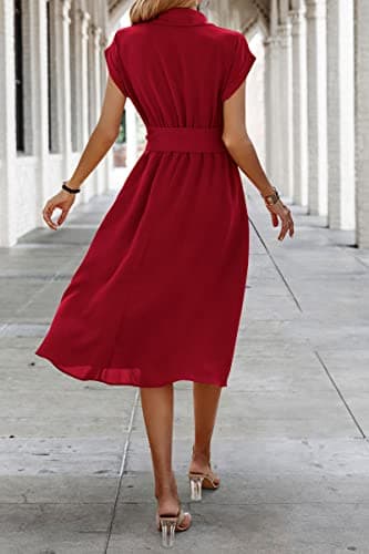 ECOWISH Womens 2025 Spring Summer Casual Short Sleeve Midi Dresses V Neck Button Down Belted Shirt Dress with Pockets Red L - Image 9