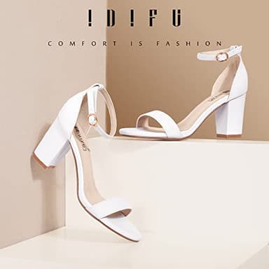 IDIFU White Heels for Women Cookie-MI Block Heels 3 Inch Sandals Chunky Open Toe Heel Wedding Homecoming Dress Shoes for Women Brides Ladies(White Pu, 9 B(M) US) - Image 2