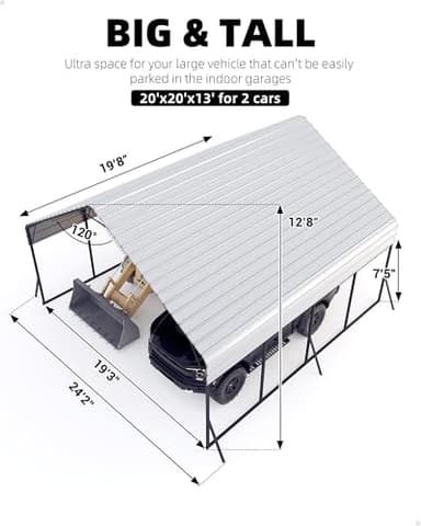 Garveelife 20'x20'x13' Metal Carport for 2 Cars, Heavy Duty Steel Frame for All Weather, Permanent Shelter for Boats, Full-Sized Pickup Trucks, and Tractors, N.W. 800 Lbs - Image 2