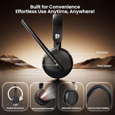 Dytole Bluetooth 5.3 Headset, Wireless Headset with Mic for Work (AI Noise Cancelling), Wireless Headphones with Mic & USB Dongle, 65H & Mute Function, Fit for PC/Call Center/Computer/Laptop/Teams - Image 6