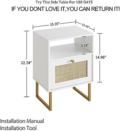 Masupu Rattan Nightstand,Modern Boho Farmhouse Wood Bedside Table with Storage Drawer and Open Shelf,Small Gold Frame Side End Table for Bedroom,Living Room,Office(White - Image 4