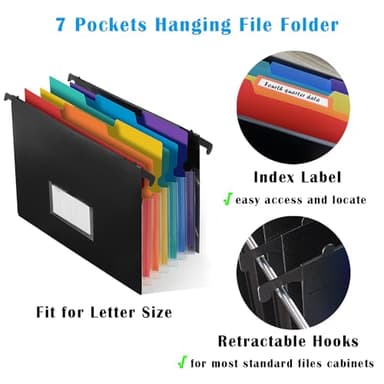 TRANBO 7-Pockets Hanging File Folder with Retractable Hooks for Filing Cabinet, Letter Size Expandable Accordion File Organizer with Elastic Band for File Frame or On-The-Go Use (6 Pack) - Image 4