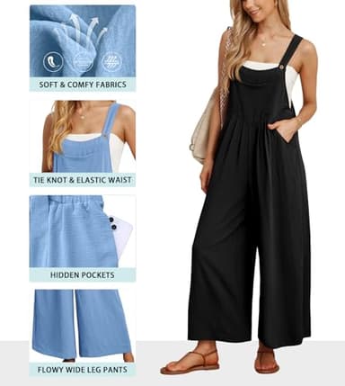 IWOLLENCE Women's Summer Jumpsuits Boho Wide Leg Overalls Casual Loose Rompers with Pockets 2024 Black Small - Image 4