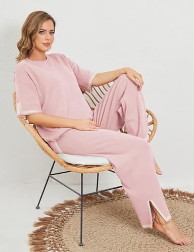 Tanming Sweater Sets Women 2 Piece Lounge Sets Short Sleeve Knit Pullover Tops Wide Leg Pants (Pink-XS) - Image 5