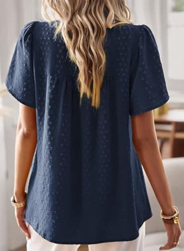Falechay Going Out Tops for Women Tunic Top Round Neck Short Sleeve Spring Women Shirts Smocked Swiss Dot Summer Blouses Boho Clothing Plus Size XL Navy Blue - Image 3