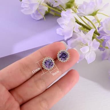 Sparkling Amethyst Earrings Round Purple Stud Earrings Purple Crystal Birthstone Earrings for Women Beautiful Amethyst Jewelry - Image 3
