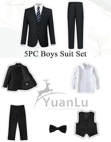 YuanLu Boys Colorful Formal Suits 5 Piece Slim Fit Dresswear Suit Set (Black, 7) - Image 2
