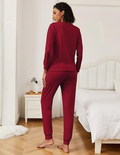 Ekouaer Womens Ribbed Knit Pajama Sets 2 Piece Jogger Pjs Long Sleeve Sleepwear Round Neck Soft Lounge Sets with Pockets Wine Red Large - Image 3