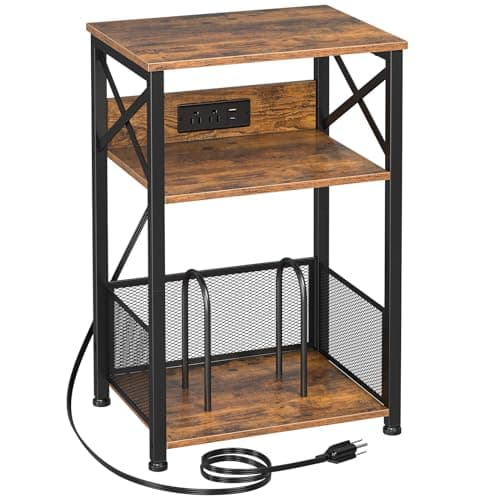AMHANCIBLE Record Player Stand with Charging Station, Turntable Stand with Storage Cabinet, 3 Tier End Table Hold Up to 100 Albums, Record Table for Vinyl, Living Room, Rustic Brown, HETCD01BR-1 - Image 1