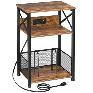 AMHANCIBLE Record Player Stand with Charging Station, Turntable Stand with Storage Cabinet, 3 Tier End Table Hold Up to 100 Albums, Record Table for Vinyl, Living Room, Rustic Brown, HETCD01BR-1 - Image 1