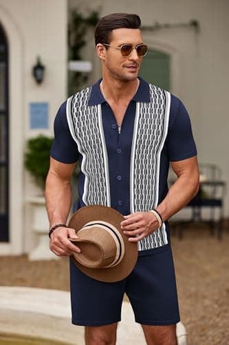 COOFANDY Men's Short Sleeve Knitted Set 2 Piece Vintage Polo Outfits Button Down Casual Suit - Image 7