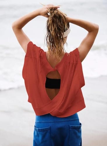 Kumufenc Womens Oversized Tshirts Open Back Batwing Sleeve Gym Shirts Boat Neck Slouchy Tees Workout Athletic Top(Red,L) - Image 5