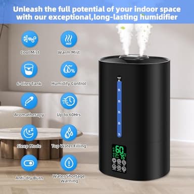 Coolfiqu 6L Humidifiers for Bedroom Large Room Home, Cool and Warm Humidifier for Plants Mist Top Fill Desk Humidifier Essential Oil Diffuser, Quiet Humidifiers with Adjustable Mist,360°Nozzle-Black - Image 4