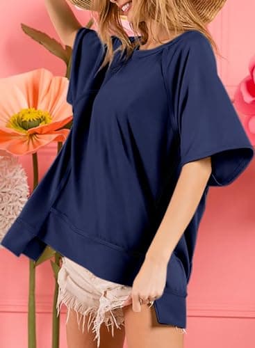 Dokotoo Womens Tshirts Cotton Loose Fit Short Sleeve Crewneck Dressy Casual Summer Tops Oversized T Shirt for Women Fashion 2025 High Low Uneven Hem Cute Solid Color Thin Blouses Navy Blue X-Large - Image 4