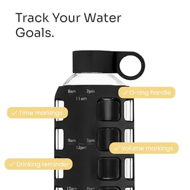 purifyou 40oz / 32oz / 22oz / 12oz Borosilicate Glass Water Bottle with Time & Volume Markers, Silicone Sleeve, Stainless Steel Lid | Reusable Glass Bottle for Water & Juice (22oz Jet Black) - Image 3