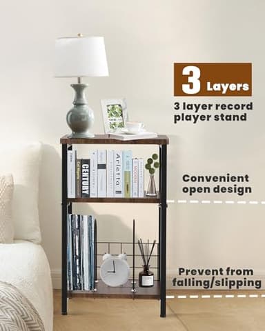 Tuohours Record Player Stand, 3 Tier End Side Table with Vinyl Record Storage Basket, Turntable Table up to 100 Albums Record Shelf Display Holder Cabinet for Living Room, Bedroom, Office - Image 3