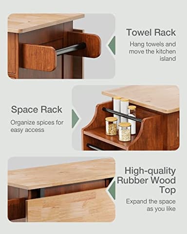 Qsun Kitchen Island with Drop Leaf and Storage, on Wheels Two Drawers, Large Storage Cabinet, Towel Rack Spice Cart Brown - Image 4