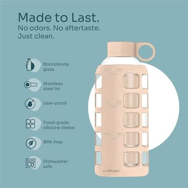 purifyou 40oz / 32oz / 22oz / 12oz Borosilicate Glass Water Bottle with Time & Volume Markers, Silicone Sleeve, Stainless Steel Lid | Reusable Glass Bottle for Water & Juice (22oz Hazelnut) - Image 5