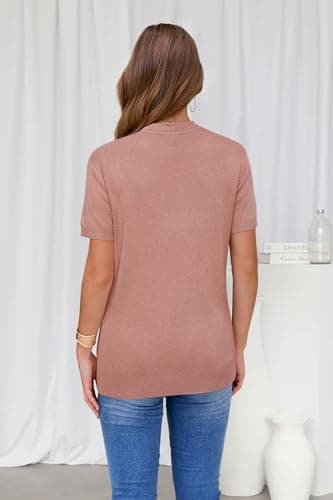Arach&Cloz Womens Summer Tops 2024 Short Sleeve Pullover Sweaters Crew Neck Business Casual Tops Trendy Dusky Pink - Image 4