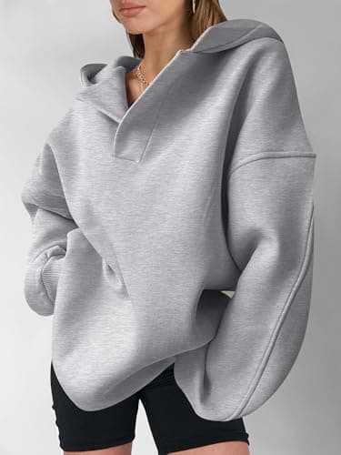 ANRABESS Womens Oversized Hoodies V Neck Sweatshirts Fleece Long Sleeve Pullover Y2K Clothes 2025 Fall Trendy Outfits Light Gray L - Image 4
