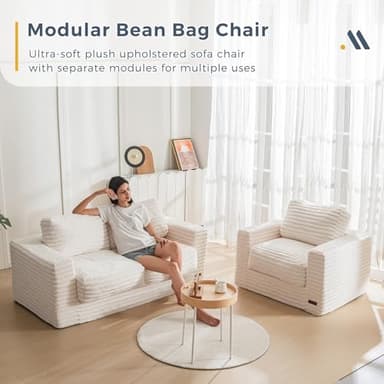 MAXYOYO Giant Bean Bag Chair for Adults, Upholstered Loveseat Floor Sofa with Pillows and Armrests, Large Bean Bag Sofa Plush Chair Couch for Bedroom Living Room, White - Image 4