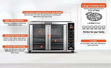 Gourmia Toaster Oven Air Fryer Combo 17 cooking presets 1700W french door digital air fryer oven 24L capacity accessories, convection rack, baking pan tray recipe book GTF7655,Large,Stainless Steel - Image 7