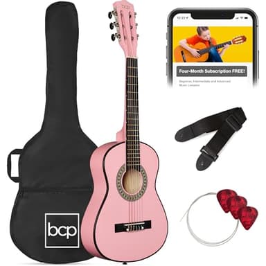 Best Choice Products 30in Kids Acoustic Guitar, All-in-One Beginner Starter Kit w/Strap, Case, Extra Strings, Rosette Inlay - Pink - Image 1