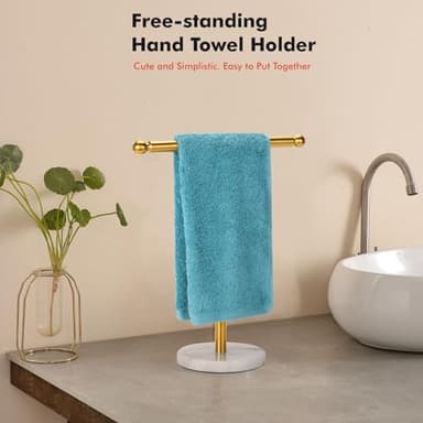 Kalitro Gold Towel Rack with Heavy Marble Base, Free Standing Hand Towel Holder Stand for Bathroom Stainless Steel T-Shape Brushed Gold - Image 2
