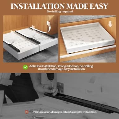 Seinloes 4 Pack Expandable Pull Out Cabinet Organizer 21"Deep With Raising Pad for Framed Cabinets,Upgrade 3 Slide Rails Slide Out Drawers,No Drill Roll Out Shelves,Adjustable Width 12.1"-20.4" White - Image 7