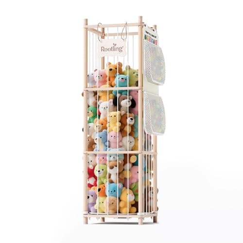 Stuffed Animal Storage & Organizer, 54 inch Tall Wooden Cute Zoo Toy Holder w/Building Block Storage Bag, Premium Wooden Material with Elastic Cord For Toddler Rooms, Playrooms & Bedrooms - Image 1