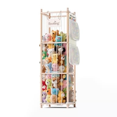 Stuffed Animal Storage & Organizer, 54 inch Tall Wooden Cute Zoo Toy Holder w/Building Block Storage Bag, Premium Wooden Material with Elastic Cord For Toddler Rooms, Playrooms & Bedrooms - Image 1