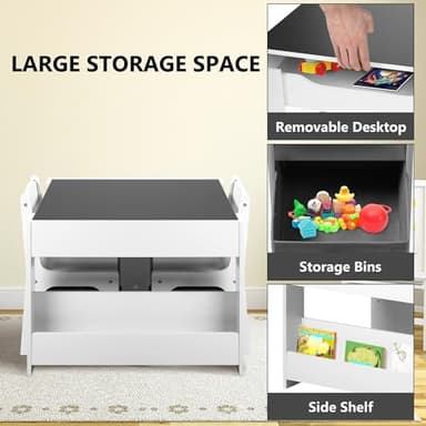 Kinder King Kids Wood Table & 2 Chairs Set, 4 in 1 Children Activity Table w/Double Bookcase, Blackboard, Toddler Furniture Set for Art, Crafts, Drawing, Reading, Playroom, Grey - Image 6