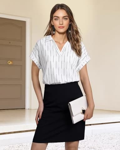 Timeson Summer Blouses for Women 2024: Short Sleeve Office Work Clothes - Womens Tops Dressy Casual - Business Professional Attire Ladies Dress Shirts V Neck Elegant Loose Fit Peasant White Striped L - Image 2