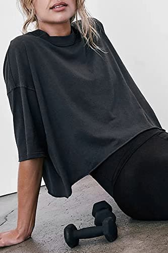 Women's Oversize Crop Tops Casual Short Roll Sleeve Drop Shoulder T-Shirts Solid Color Basic Yoga Athletic Running Tees Black L - Image 4