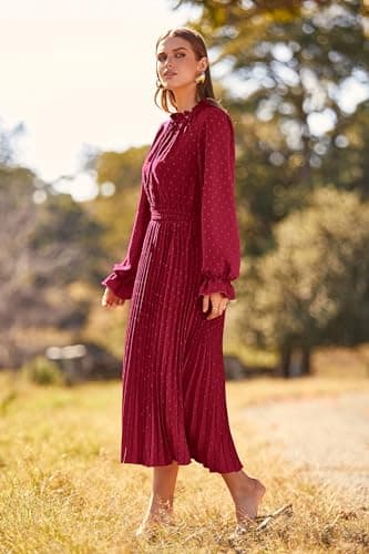 PRETTYGARDEN Womens Pleated Midi Dress Casual Long Sleeve V Neck Swiss Dot Beach Flowy Dresses (Wine Red,Large) - Image 4
