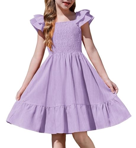 Arshiner Lilac Dress for Girls Off Shoulder Double Pleated Sleeve Smocked Easter Holiday Tween Dresses Size 10-12 - Image 1