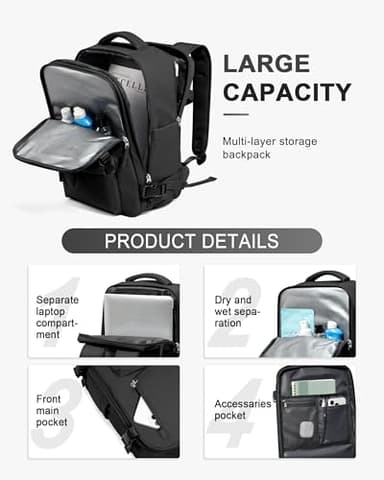WONHOX Travel Backpack Women,Carry On Backpack Flight Approved 18x14x8 inches Bag Spirit Airlines Personal ltem,College Sports Hiking Rucksack Waterproof Casual Daypack Laptop Blackpack Men,Black - Image 4