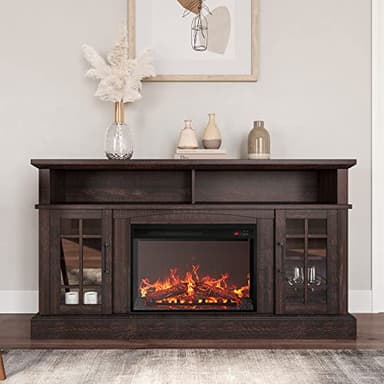 BELLEZE Traditional 58" Rustic TV Stand with 23" Electric Fireplace Heater with Sound, Media Entertainment Center Console Table for TV up to 65" with Open Storage Shelves and Cabinets - Espresso - Image 2