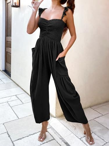 ANRABESS Women Summer Casual Dressy Sleeveless Smocked Wide Leg Linen Jumpsuits Rompers 2025 Trendy Travel Outfit Pocket Black Medium - Image 5
