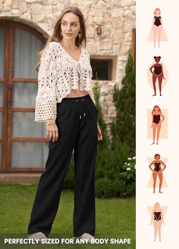 Willit Women Linen Pants Wide Leg Casual Palazzo Pants Cotton Linen Lounge Beach Summer Pants with Pockets 33" Black S - Image 6