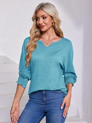 TAKEYAL Long Sleeve Shirts for Women Smocked Sleeve V Neck Casual Loose Blouse Trendy Fall Spring Tops Aqua Green XX-Large - Image 3
