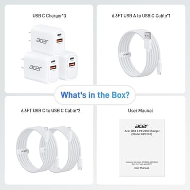 Acer USB C Charger Block, 3-Pack 20W Dual Port Type C Fast Charging, Wall Plug Adapter with 3-Pack 6.6FT Fast Power Cables Compatible with iPhone 16/15/ iPad Pro/ Air/ AirPods, iwatch, Galaxy - Image 9