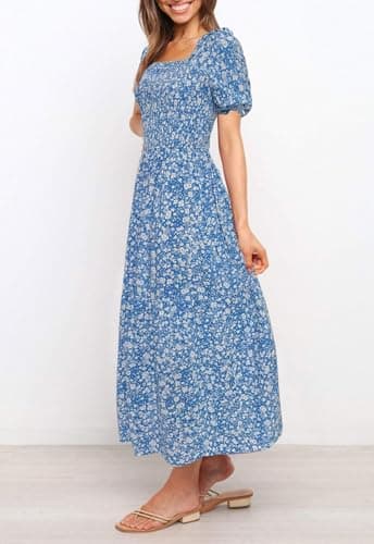 ZESICA Women's 2025 Summer Boho Floral Print Square Neck Ruffle Swing Beach Long Maxi Dress,Blue2,Large - Image 3