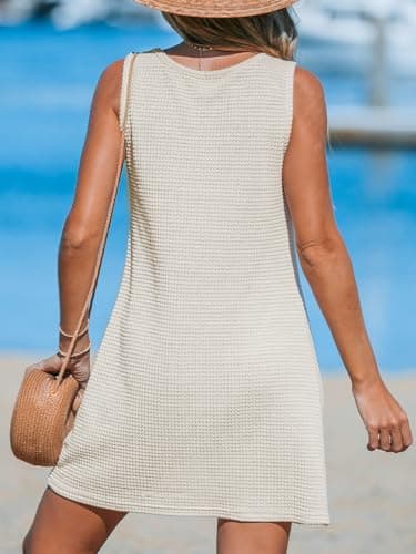 CUPSHE Women's Sleeveless Swimsuit Coverup Waffle Knit Swimwear Beach Cover Ups Twisted Mini Dress Beige Small - Image 2
