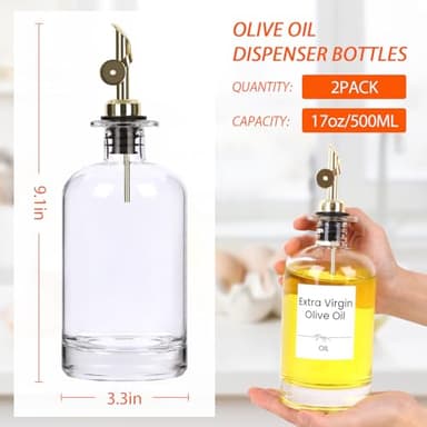 Alotpower Olive Oil Dispenser Bottles Set - 2 Pack 500ml Empty Kitchen Oil Containers with Gold Lids & 24 Labels, Round Oil & Vinegar Dispenser for Cooking - Image 2